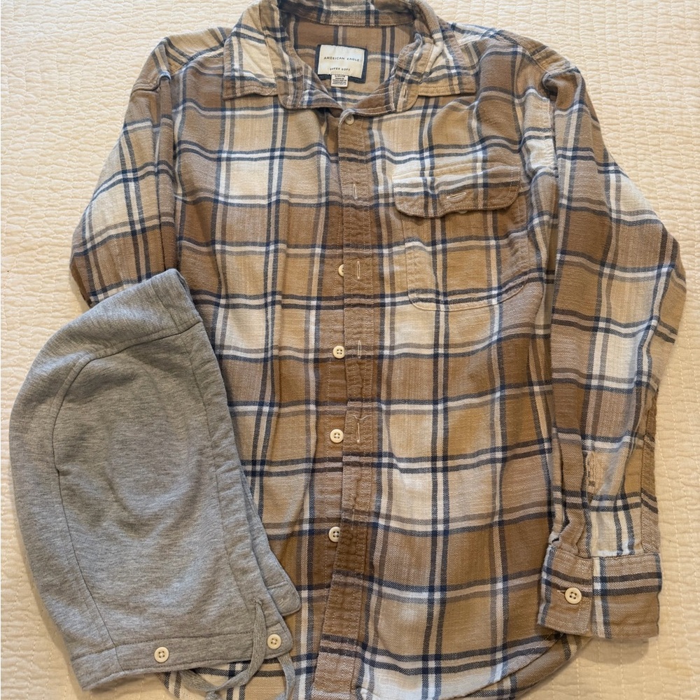 American Eagle Outfitters 3 Flannel Button Down Shirts. Two have attachable hood